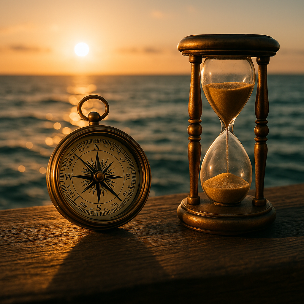 Images with an antique compass or hourglass near the sea
